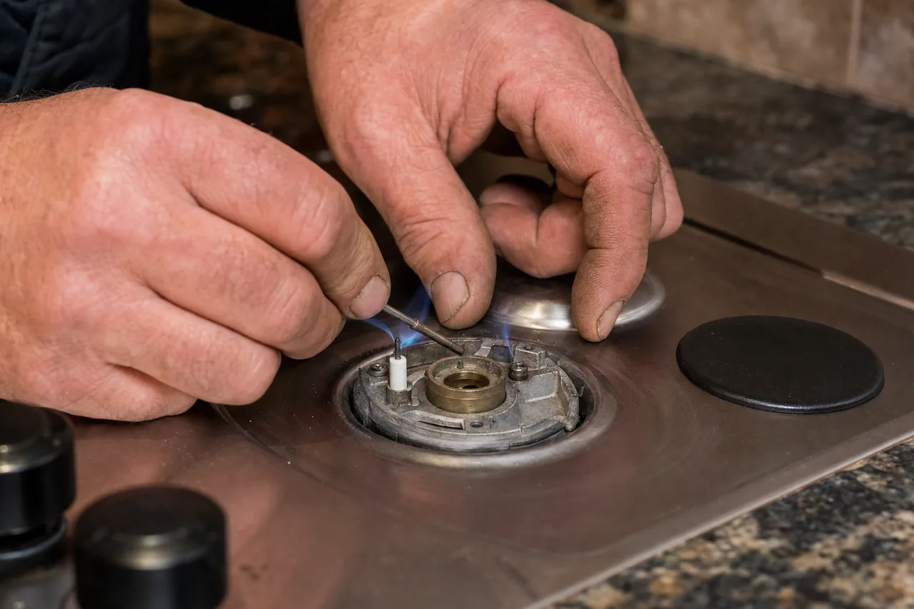 Technician adjusting a gas cooktop burner in a Ridgefield kitchen