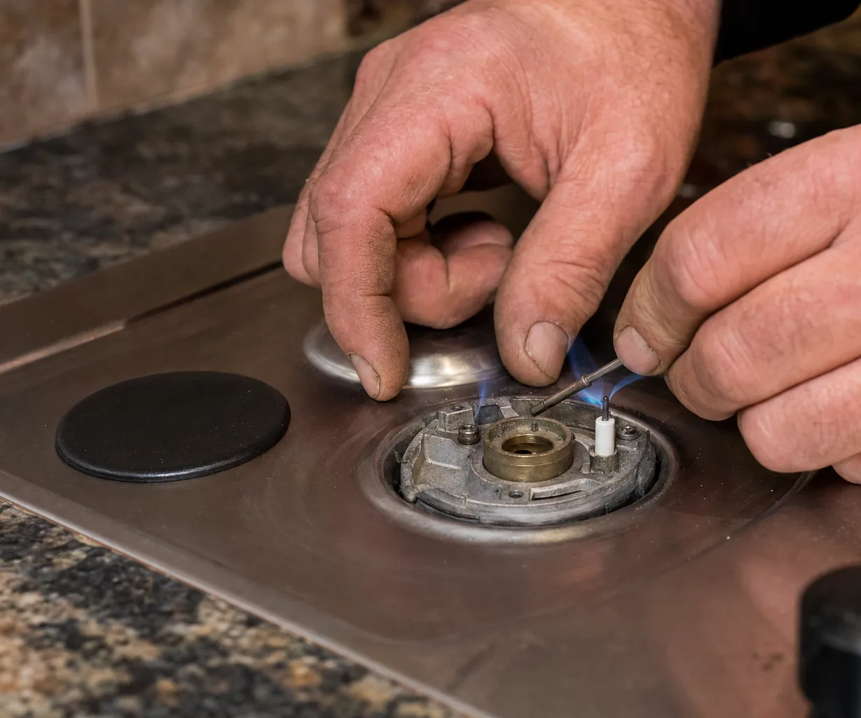 Technician adjusting a gas cooktop burner