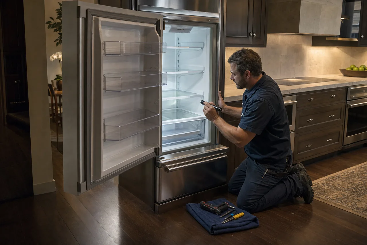 Technician repairing a built-in refrigerator up close