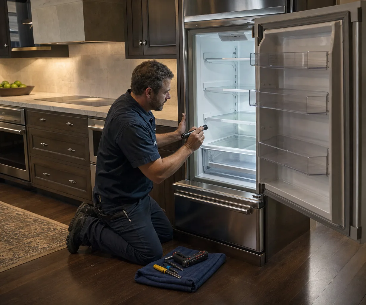 Technician repairing a built-in refrigerator up close