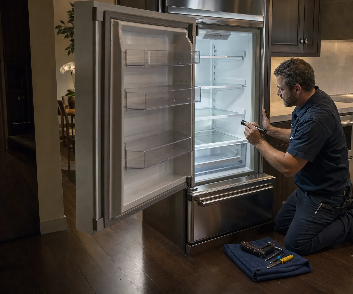 Technician repairing a built-in refrigerator in a Ridgefield kitchen