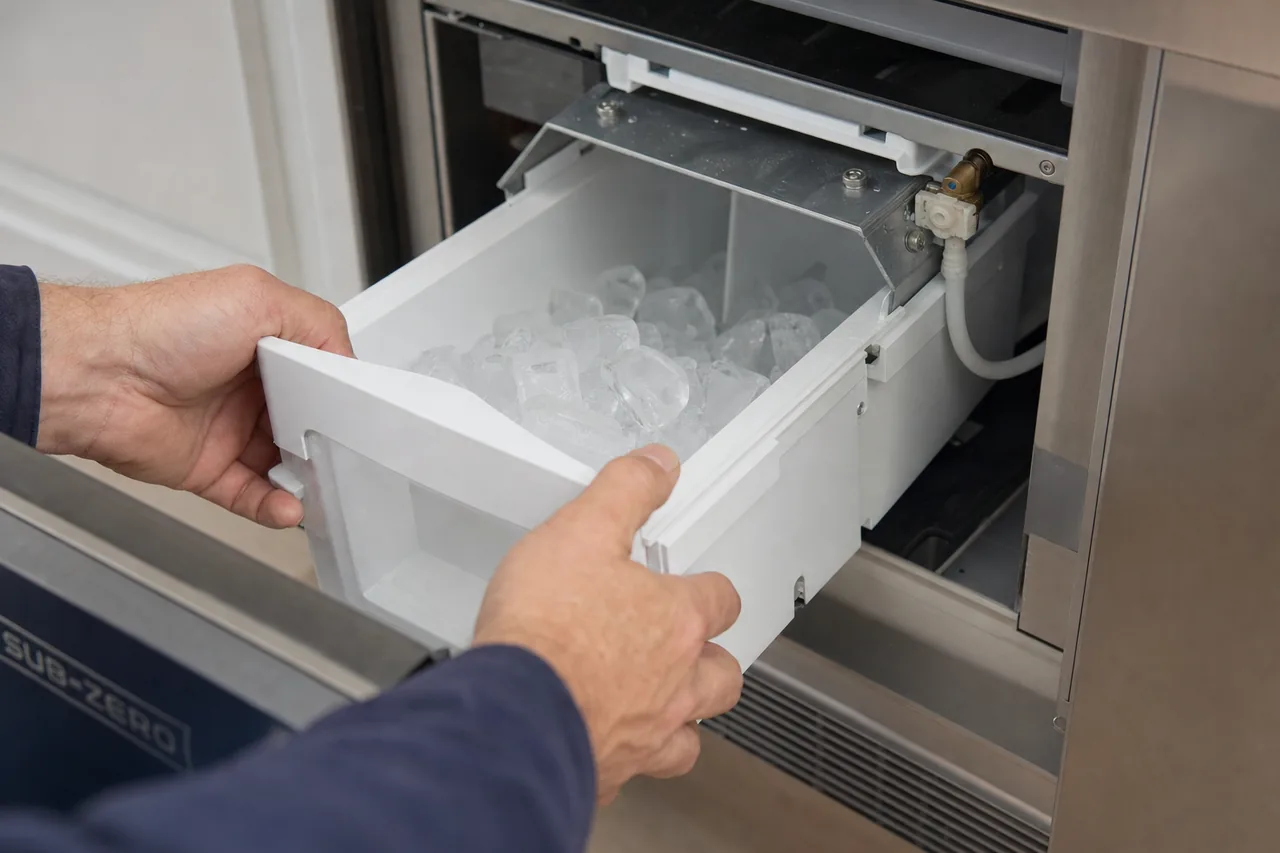 Technician servicing a built-in ice maker up close