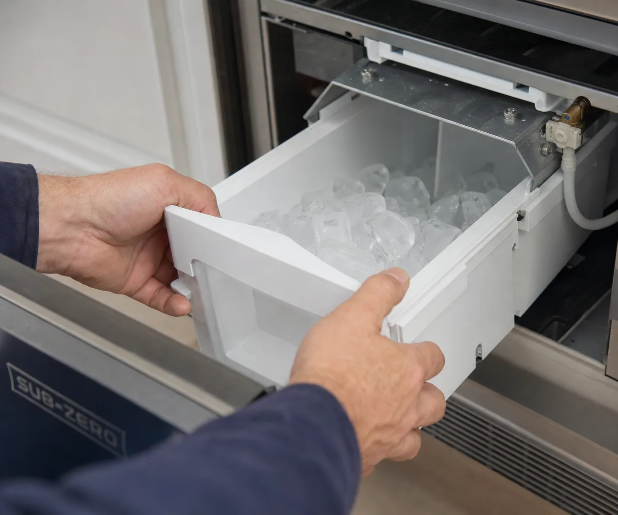 Technician servicing a built-in ice maker in a Ridgefield kitchen