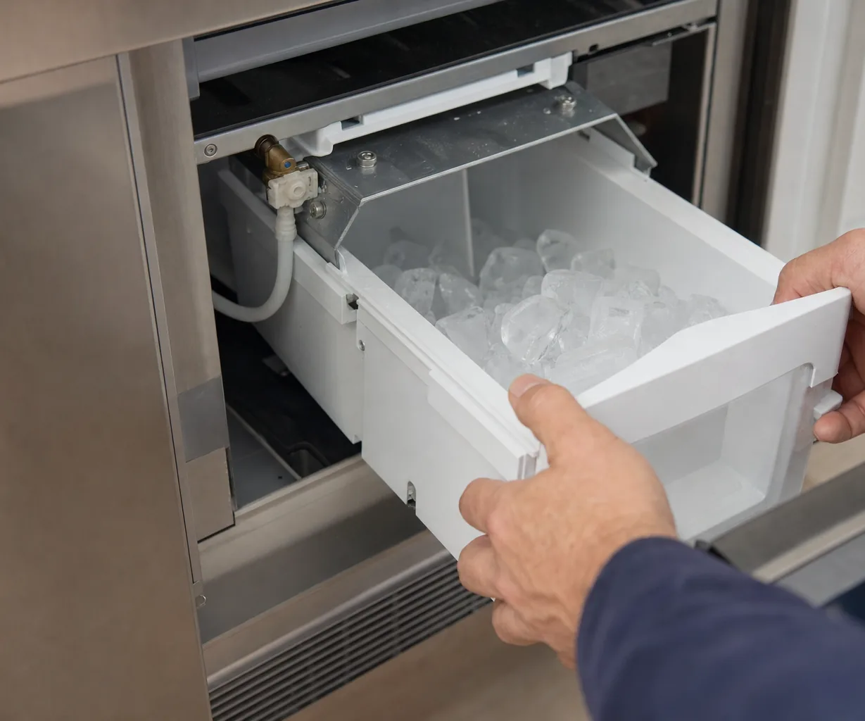 Technician servicing a built-in ice maker mid-repair