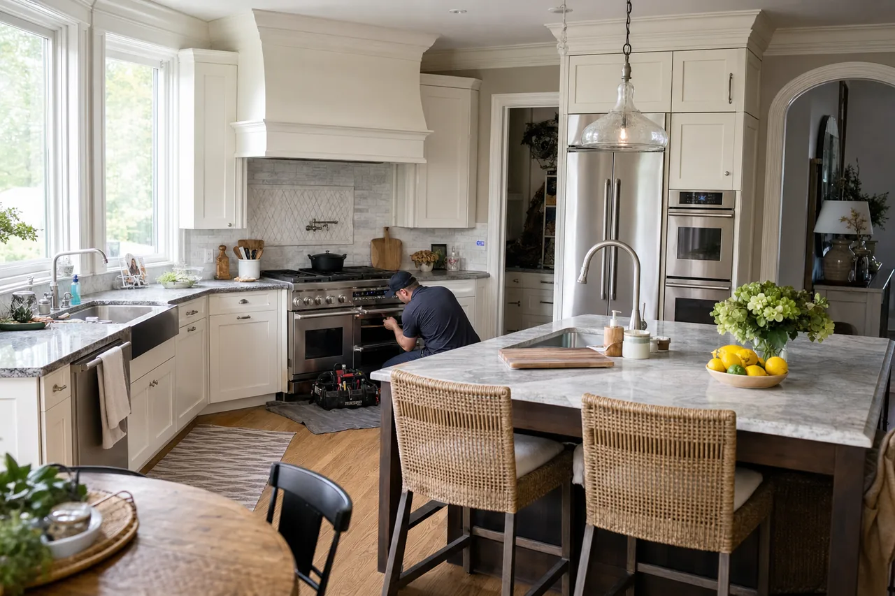 A luxury kitchen with built-in stainless appliances in a Ridgefield kitchen