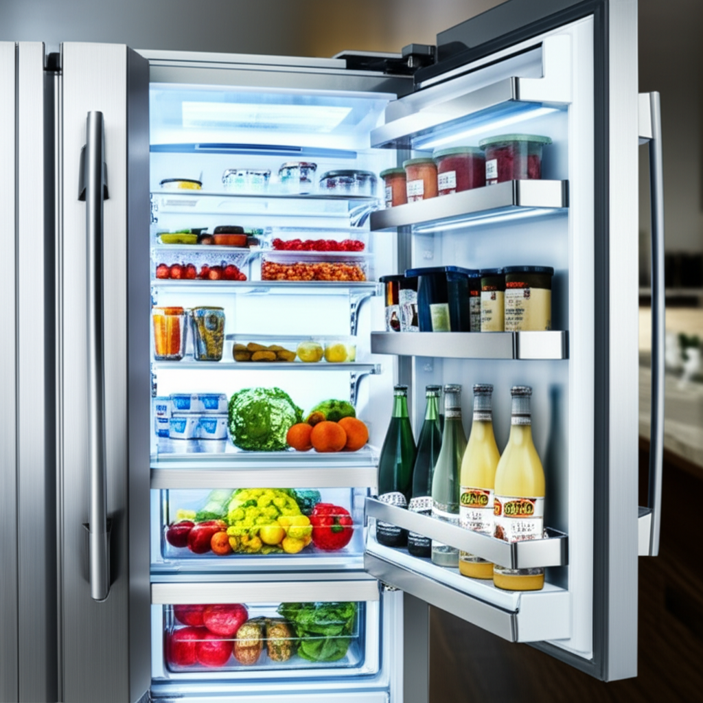 Sub-Zero refrigerator with open doors showing fresh food storage