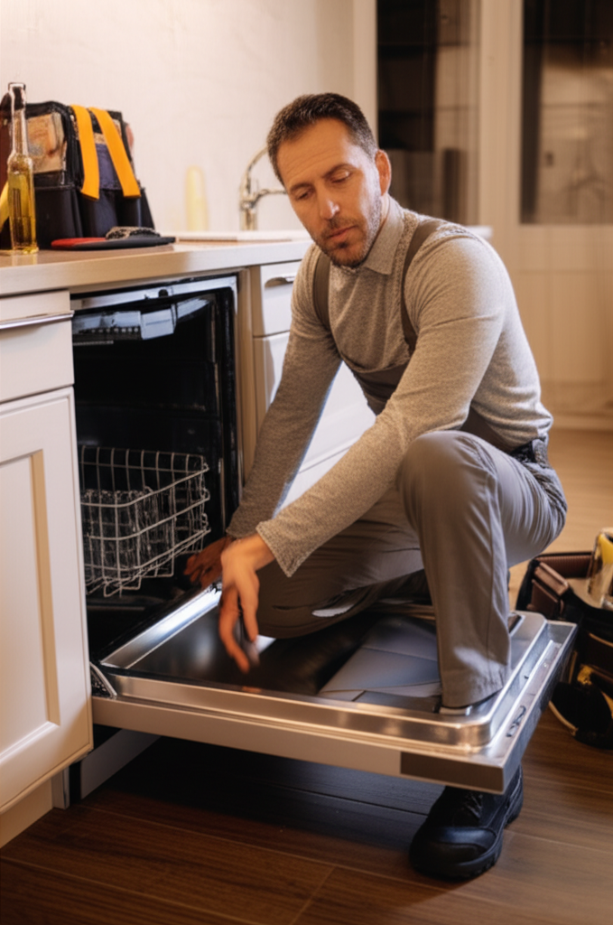 Professional technician repairing dishwasher