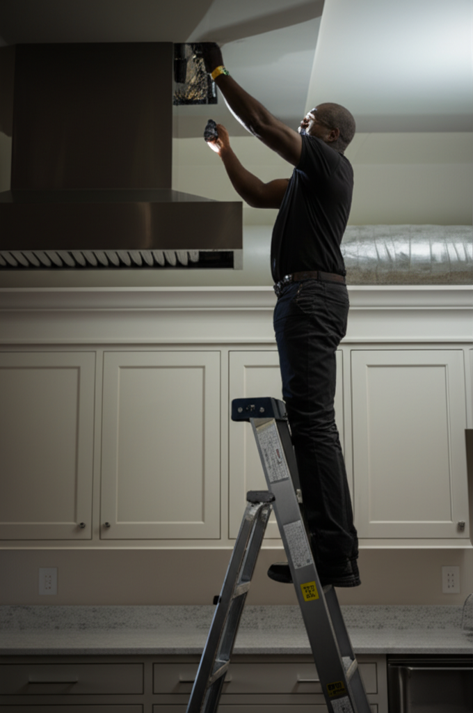 Professional technician repairing ventilation hood