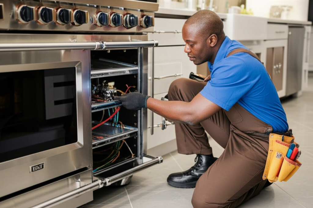 Professional technician repairing cooktop