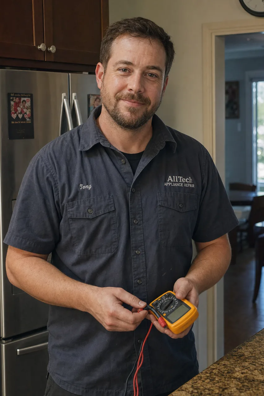 An appliance repair technician in a Ridgefield kitchen holding a multimeter