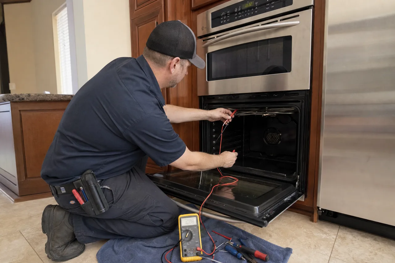 Technician servicing a built-in wall oven up close