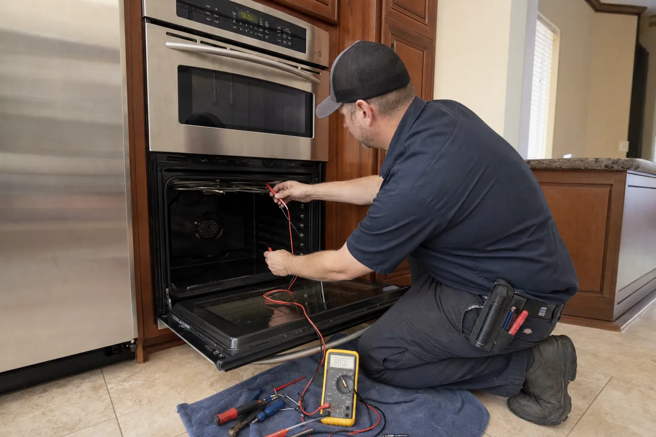 Technician servicing a built-in wall oven in a Ridgefield kitchen