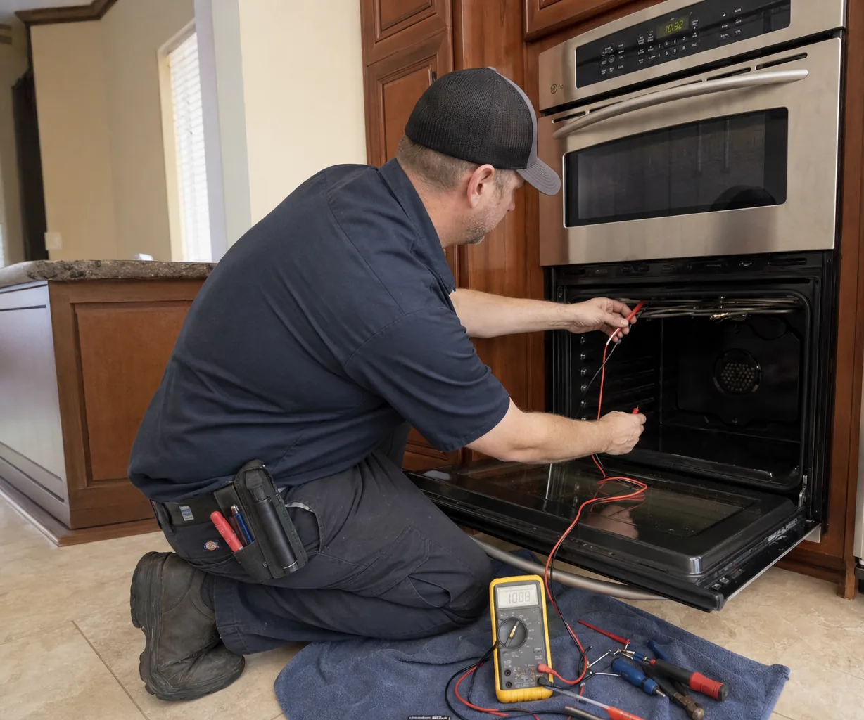 Technician servicing a built-in wall oven up close