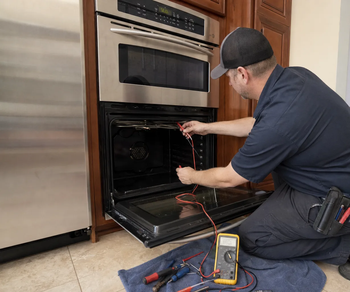 Technician servicing a built-in wall oven on a same-day visit