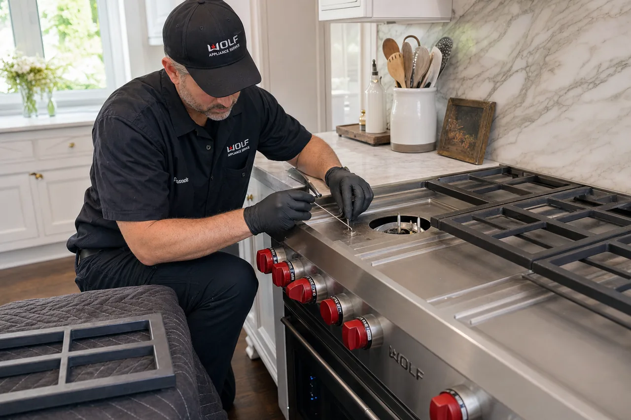 Technician servicing a stainless Wolf range on a same-day visit