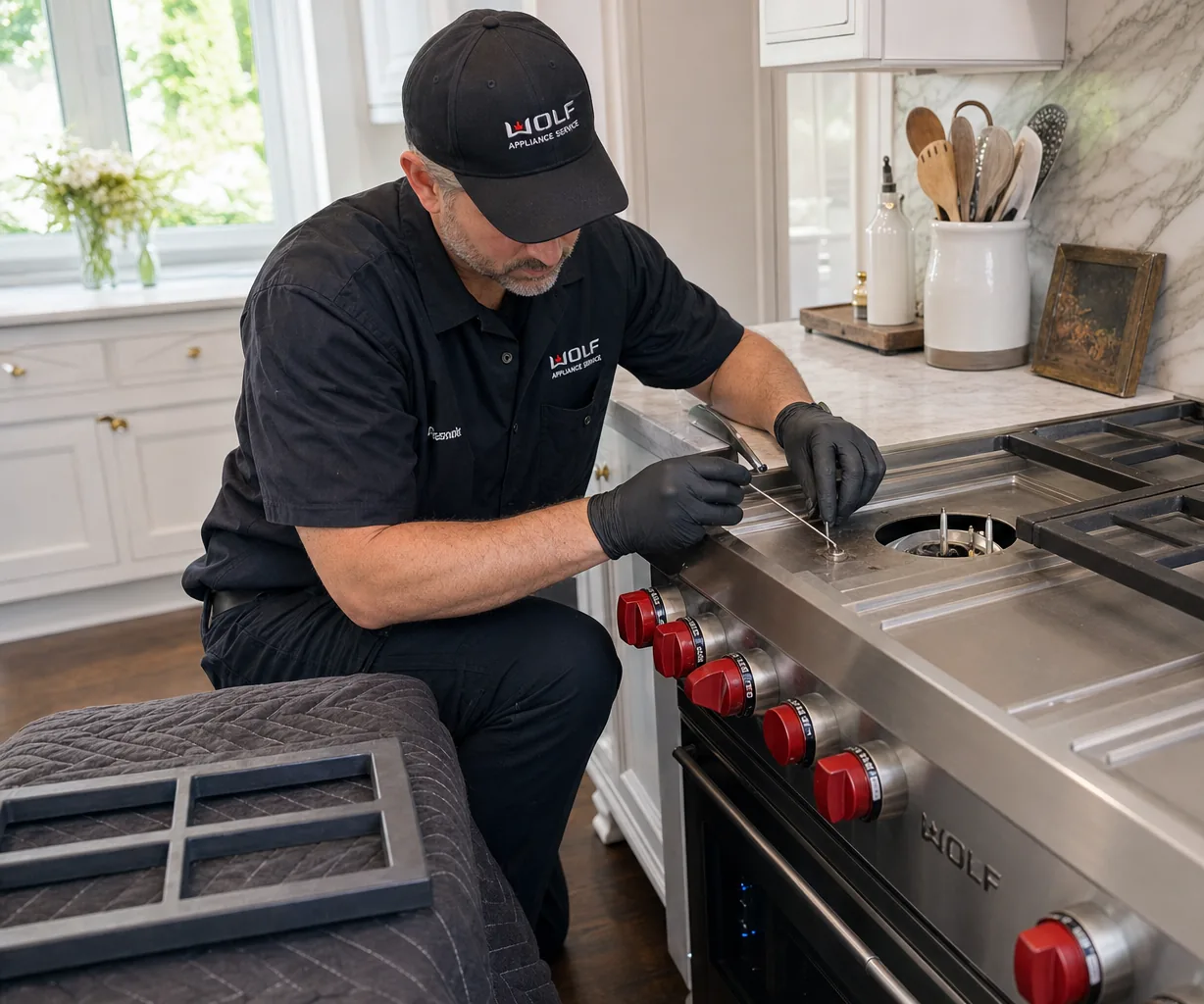Technician servicing a stainless Wolf range
